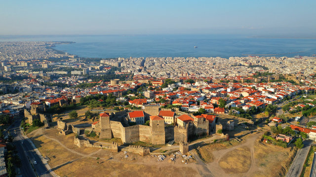 Aerial drone photo of iconic byzantine Eptapyrgio or Yedi Kule medieval fortress overlooking city of Salonica or Thessaloniki, North Greece