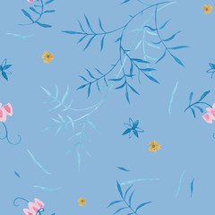 Obraz premium Bluestone pattern design. Wrapping gift paper flower decoration. Hand painted gouache elegant leaves and twigs. Elegance Middle Ages floral ornament. Floral seamless pattern for Mediterranean decor