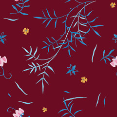 Obraz premium Biking red color modern illustration plate decoration. Repeating leaves, petal thorns pattern. Soulful flora expression. Mediterranean cloth yard decor. Elegance plate serving seamless ornament