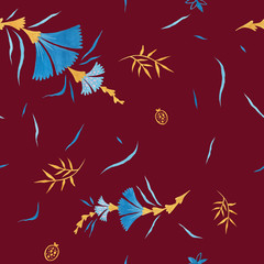 Fototapeta na wymiar Biking red color modern illustration plate decoration. Repeating leaves, petal thorns pattern. Soulful flora expression. Mediterranean cloth yard decor. Elegance plate serving seamless ornament