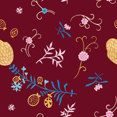 Biking red color modern illustration plate decoration. Repeating leaves, petal thorns pattern. Soulful flora expression. Mediterranean cloth yard decor. Elegance plate serving seamless ornament