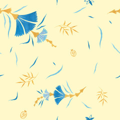Vanilla color pattern. Wrapping gift paper flower decoration. Hand painted gouache elegant leaves and twigs. Elegance Middle Ages floral ornament. Floral seamless pattern for Mediterranean decor