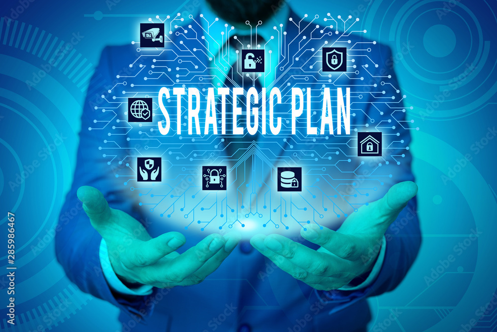 Poster writing note showing strategic plan. business concept for a systematic process of envisioning a desi