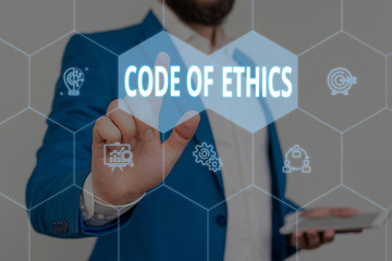 Text sign showing Code Of Ethics. Business photo showcasing basic guide for professional conduct and imposes duties Male human wear formal work suit presenting presentation using smart device