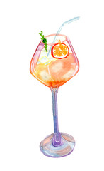 Beverage watercolor. Orange cocktail in a glass goblet with a straw. Watercolor summer for menu 