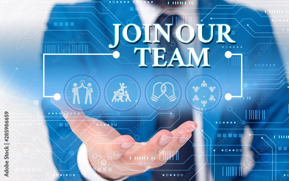 Poster writing note showing join our team. business concept for inviting someone to join in your local grou