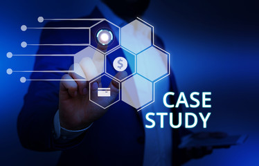 Word writing text Case Study. Business photo showcasing analysis and a specific research design for examining a problem Male human wear formal work suit presenting presentation using smart device