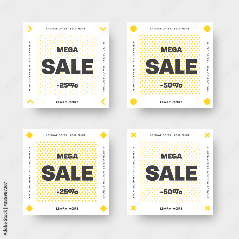 Poster set of white vector web banners for big and mega sale with yellow patterns of arrows, circle, rhombu