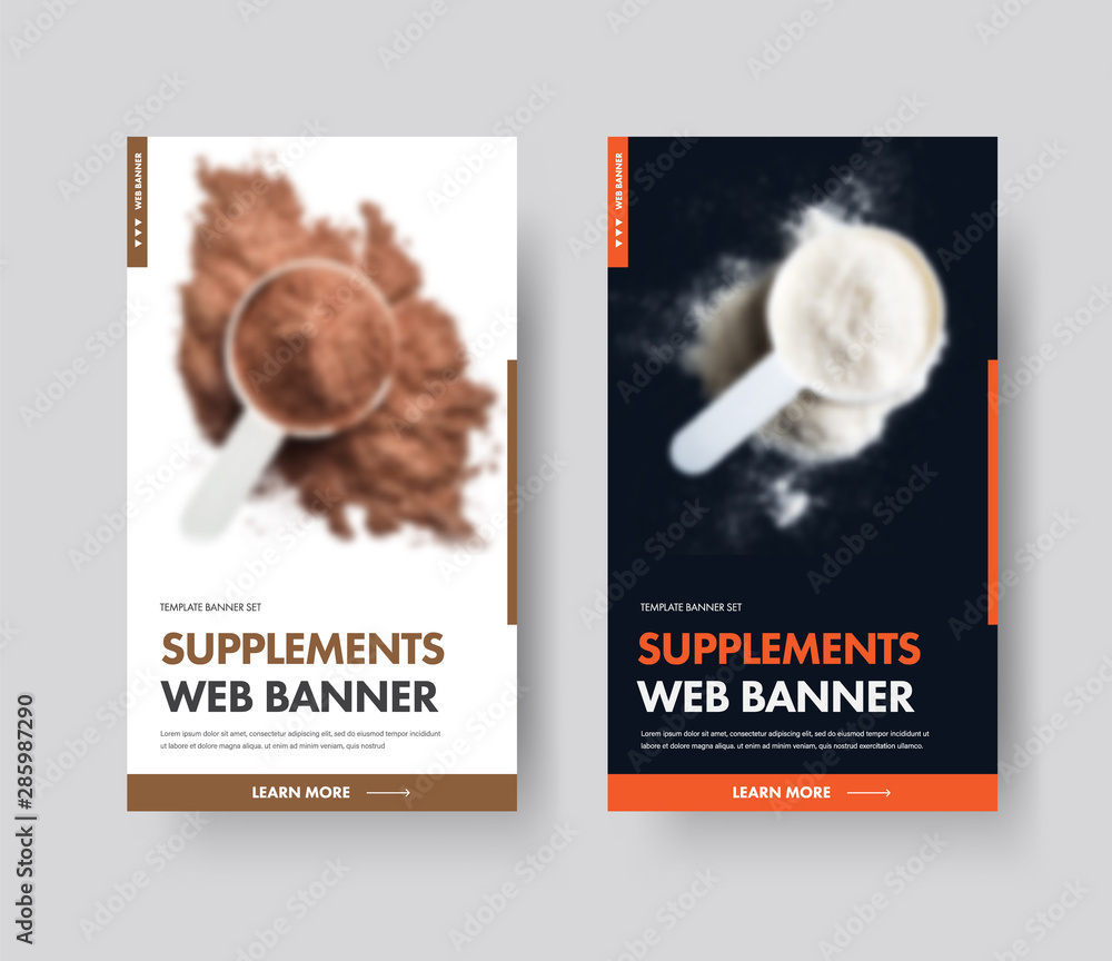 Poster Set of black and white vector vertical web banner templates for sports supplements with place for photo