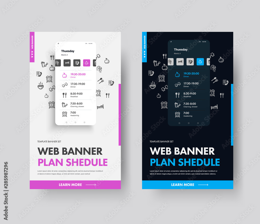 Poster Design of black and white web banner with a mobile interface for planning the day.