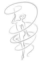 Rhythmic gymnastics. Silhouette of a girl with a ribbon. Beautiful gymnast. The woman is slim and young. Vector illustration