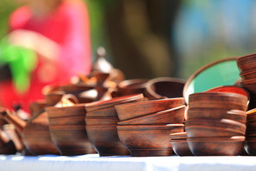 Market counter with various beautiful home-made utensils