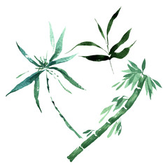 Bamboo green leaves and stalks. Watercolor background illustration set. Isolated bamboo illustration element.