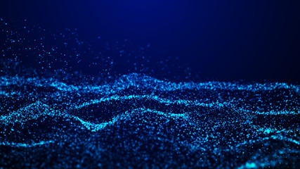 Wave of glowing dots on dark background. Abstract digital background. Technology illustration. 3d rendering.