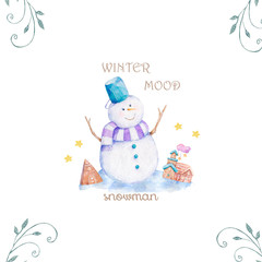 Watercolor Christmas Snowman , hand drawn cartoon illustration for baby t-shirt print, fashion print design, kids wear, baby shower celebration greeting and invitation card.