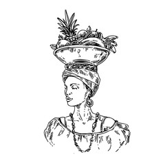African girl with a dish of tropical fruits on her head. Sketch. Engraving style. Vector illustration.