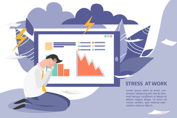 Fototapeta na wymiar Boss pressure employee; tired, exhausted worker dealing with overly demanded pushy boss. Unrealistic expectations, deadline, stress disorder at work concept. How to eliminate stress at work banner.