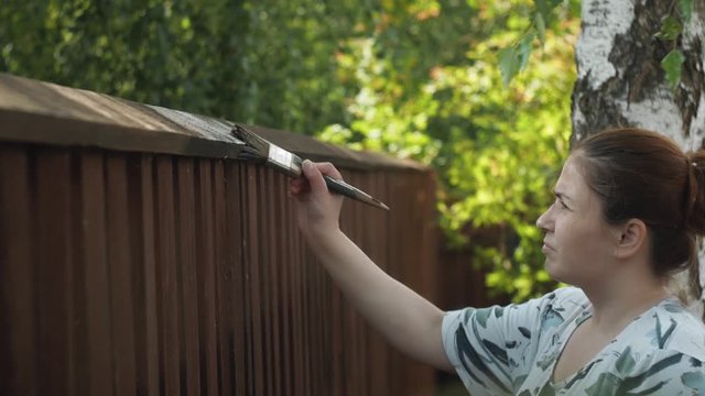 girl paints a wooden fence with a brush near the birch