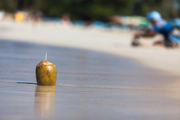 Fresh coconut on a sandy tropical beach with sea