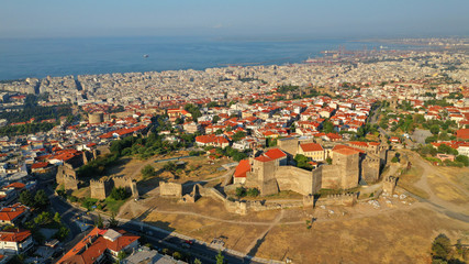 Fototapeta na wymiar Aerial drone photo of iconic byzantine Eptapyrgio or Yedi Kule medieval fortress overlooking city of Salonica or Thessaloniki, North Greece