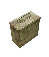 Old metal military box isolate on a white background. Green rusty drawer with handle and lock.