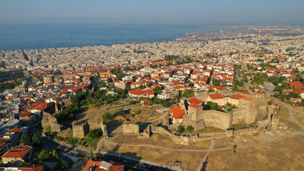 Aerial drone photo of iconic byzantine Eptapyrgio or Yedi Kule medieval fortress overlooking city of Salonica or Thessaloniki, North Greece