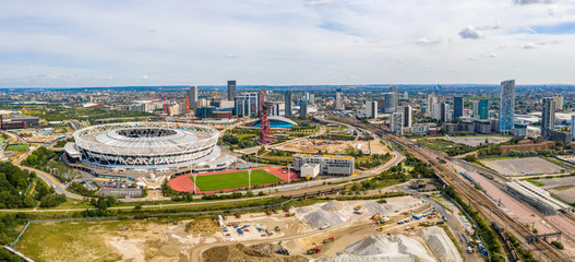 August 10, 2019. London, UK. Aerial view of the Olympic park in London with the the Olympic Stadium...