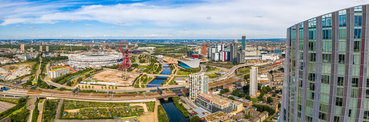 August 10, 2019. London, UK. Aerial view of the Olympic park in London with the the Olympic Stadium...