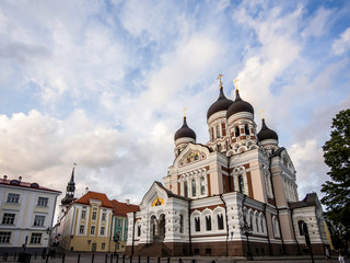 Fototapeta na wymiar Wide angle scenery of Alexander Nevsky Cathedral in Tallinn old town