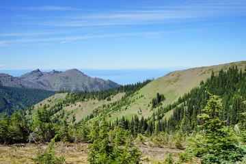 Beautiful cloud over snow capped mountains in Olympic National Park in summer in Washington, near Seattle