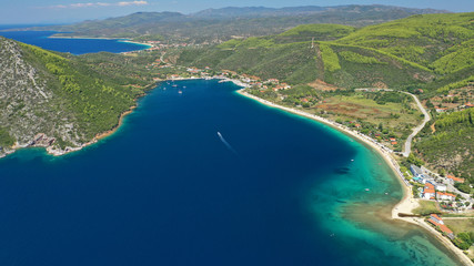 Fototapeta premium Aerial drone photo of iconic paradise bay and sandy beach of Porto Koufo with turquoise calm sea protected by winds, South Sithonia Peninsula, North Greece