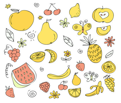 Hand drawn doodle set of healthy fruits