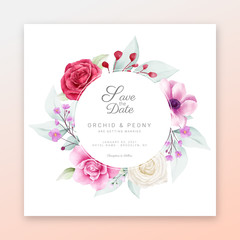 Save the date floral frame with beautiful watercolor flowers. Editable wedding invitation cards vector