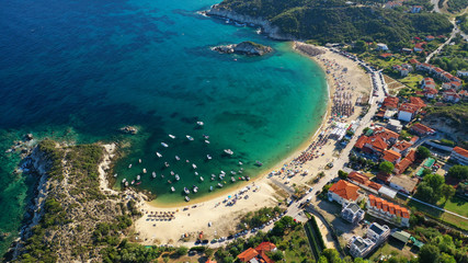 Aerial drone photo of famous emerald sandy beaches of Kalamitsi in South Sithonia peninsula,...