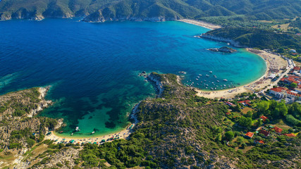 Fototapeta na wymiar Aerial drone photo of famous emerald sandy beaches of Kalamitsi in South Sithonia peninsula, Halkidiki, North Greece