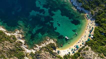 Aerial drone photo of famous emerald sandy beaches of Kalamitsi in South Sithonia peninsula, Halkidiki, North Greece