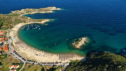 Aerial drone photo of famous emerald sandy beaches of Kalamitsi in South Sithonia peninsula, Halkidiki, North Greece