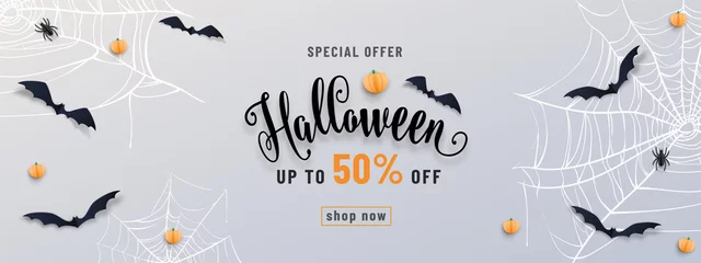 Tragetasche Halloween sale banner, party invitation concept background. Holiday design with bats, spider, cobweb, pumpkin, lettering font text. Paper cut style. Vector illustration © zaie