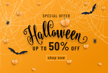 Halloween sale banner, party invitation concept background. Holiday design with bats, spider, cobweb, pumpkin, lettering font text. Paper cut style. Vector illustration