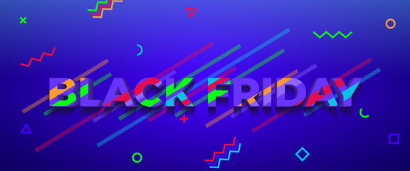 Black friday sale 2019. Sale and discounts banner. Blue background with colored lines. Fluid gradient shapes composition. Liquid color background design. Colored vector illustration in neon colors