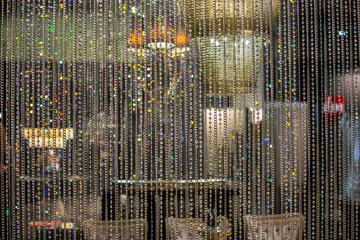 Curtain of glass drops. Crystal beads blind curtain background, concept of Luxury . backdrop for...