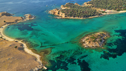 Aerial drone view of paradise small secluded island complex of Drenia and Pena with turquoise and...