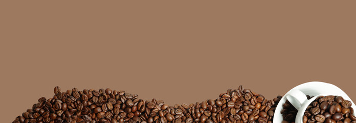 Coffee bean cup on brown background and copy space