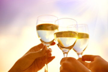 People holding glasses of wine, making a toast over sunset sky. Group of friends drinking white wine, toasting. Party outdoors