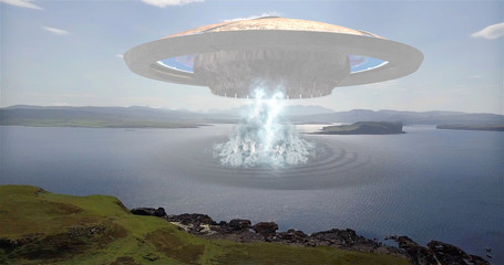 Alien Spaceship hovering over large lake Illustration