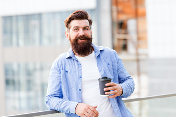 Coffee completes me. Make yourself useful. Man drink take away coffee. Bearded man relax outdoors....