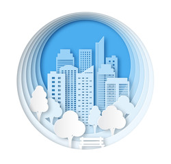 Paper landscape art style in the winter city and park. Layered design outdoor recreation. Bench by the tree. Abstract white background of the round form with skyscrapers and trees.