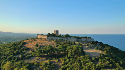 Fototapeta na wymiar Aerial drone view of iconic and historic medieval castle of Platamonas built in the slopes of Mount Olympus in Pieria area, North Greece