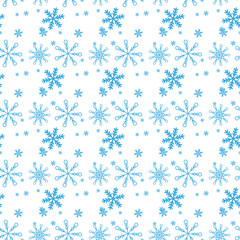 Snowflake seamless pattern. Snow on blue background. Abstract wallpaper, wrapping decoration. Symbol winter, Merry Christmas holiday, Happy New Year celebration Vector illustration