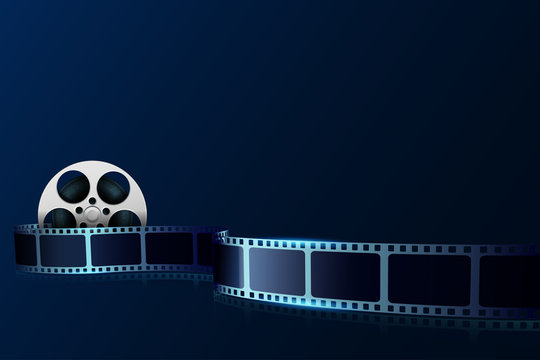 Cinema film strip wave and film reel isolated on blue background. 3d movie art blank for cinema festival. Design element template can be used for advertising, backdrop, brochure, ticket